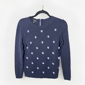 Talbots Petite Womens Navy Baubles Pom Pom Polka Dot Cotton Blend Sweater Small